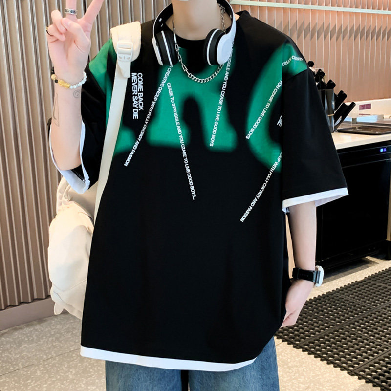 专柜假两件短袖男夏季字母印花圆领体恤衫青少年美式复古五分半袖