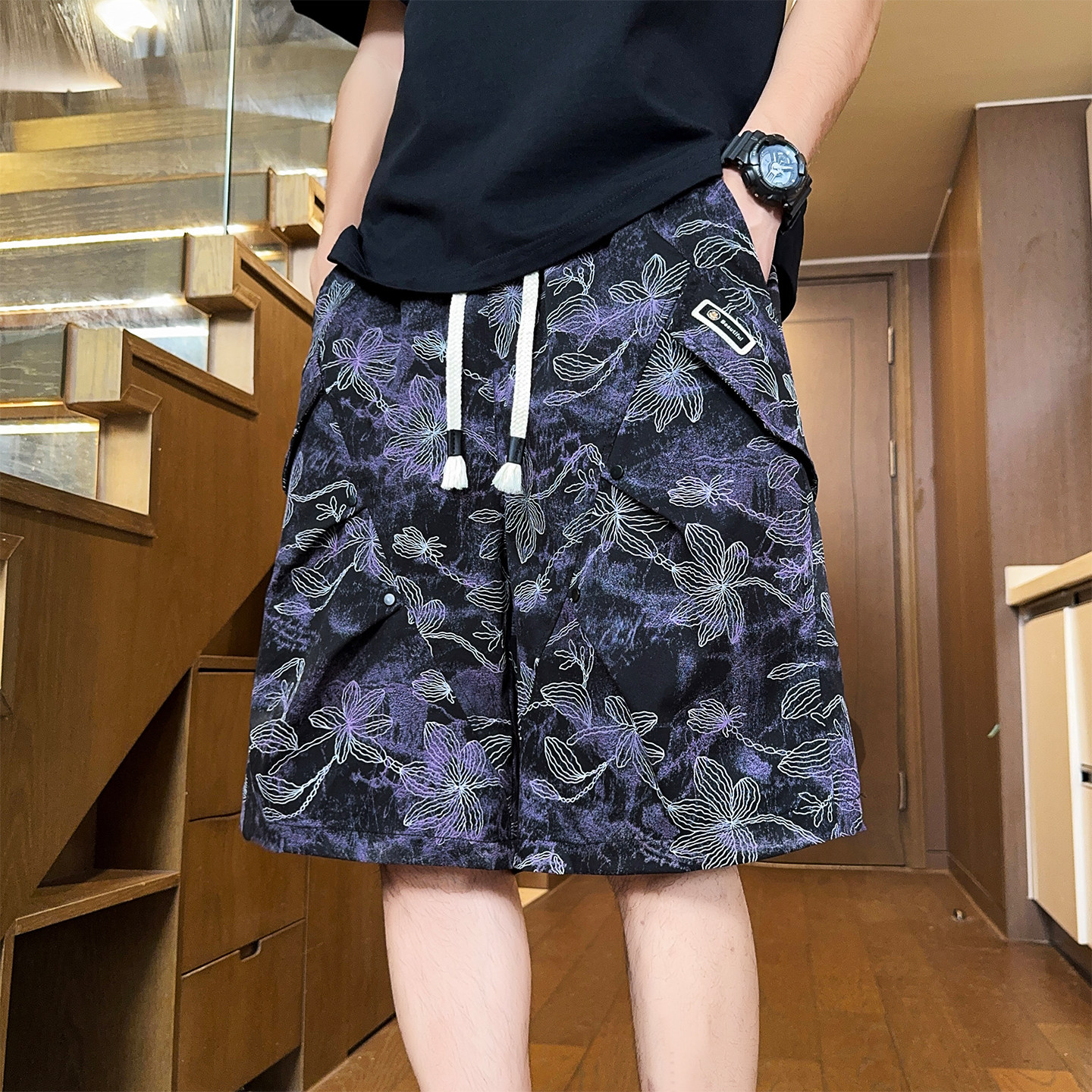 专柜扎染工装短裤男夏季花卉印花休闲五分裤子男宽松直筒潮牌运动