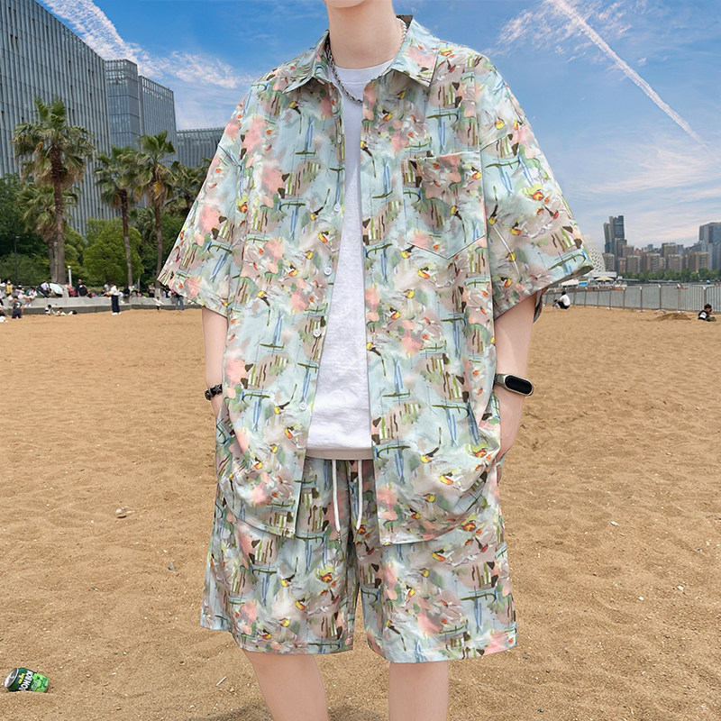 专柜沙滩衬衫短袖男套装2025新款夏季冰丝凉感花衬衣男生海边出游