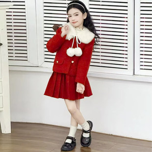 女童小香风套装冬今年流行爆款套装儿童拜年服红裙子加厚2025新款