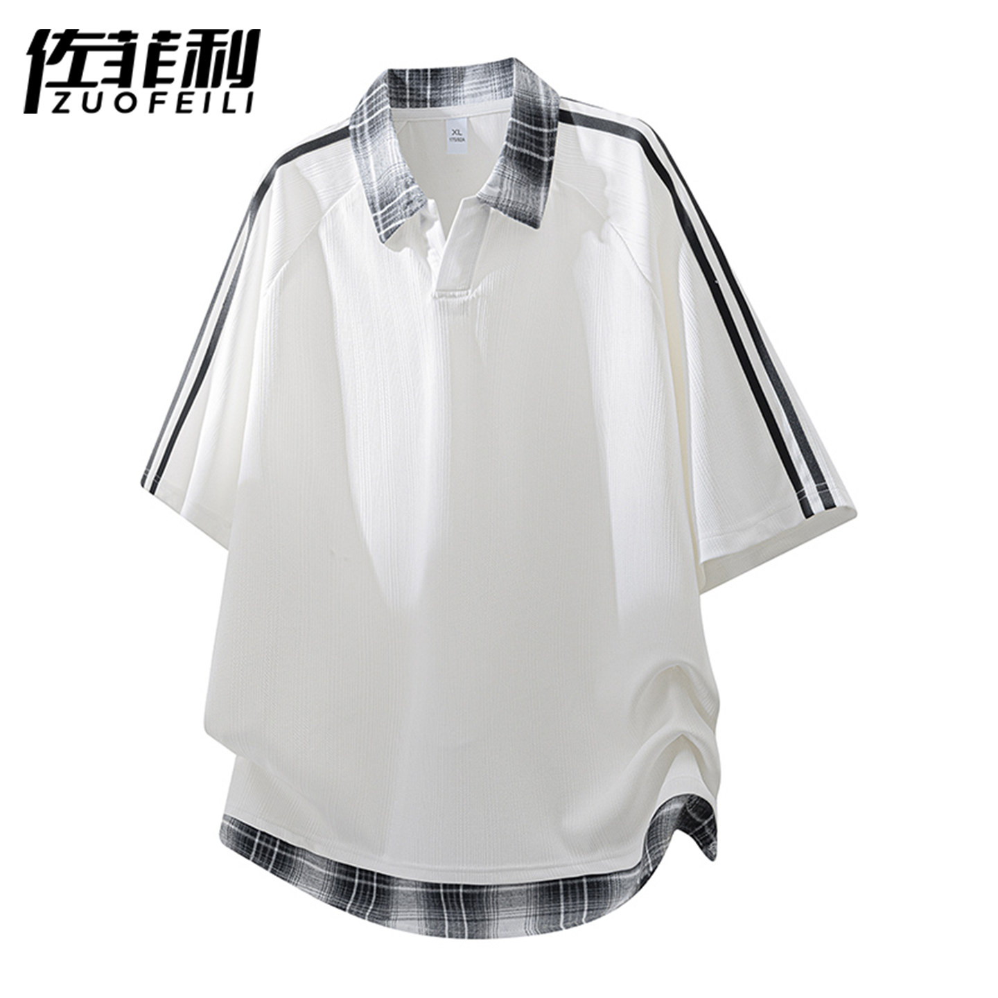 专柜学院风短袖t恤男夏季新款格纹拼接polo领半袖体恤男休闲条纹