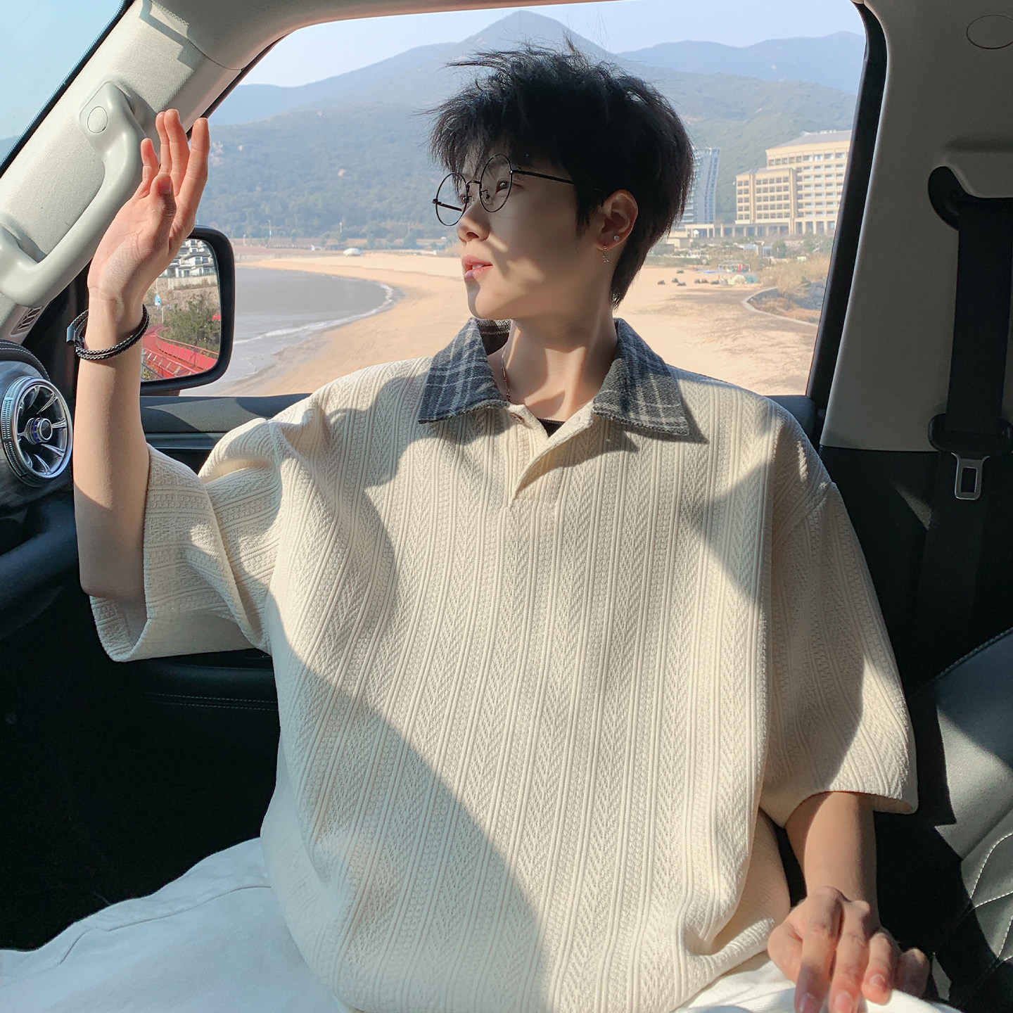 专柜麦穗纹翻领短袖男夏季新款潮牌凉感半袖衣服青少年透气休闲T