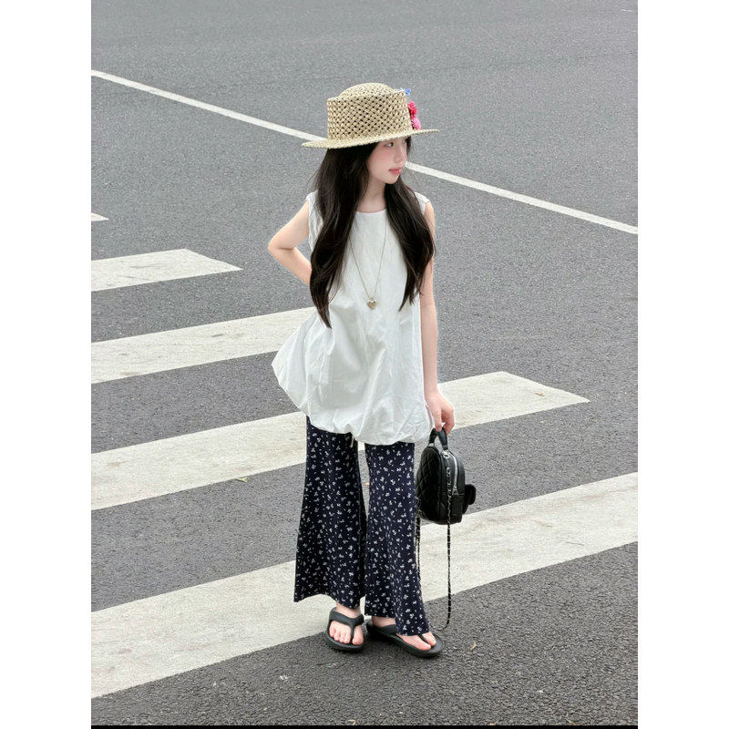 女童高级感夏季无袖套装2026新款女大童韩系花苞裙背心碎花喇叭裤