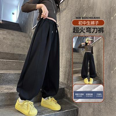 女童裤子2025新款今年流行爆款儿童春秋装卫裤女孩大童黑色运动裤