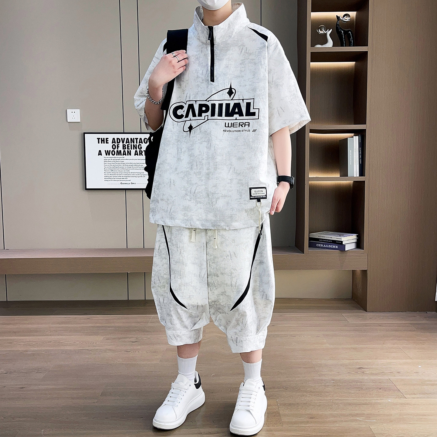 专柜扎染半拉链短袖套装男夏季设计感灯笼裤两件套青少年痞帅穿搭