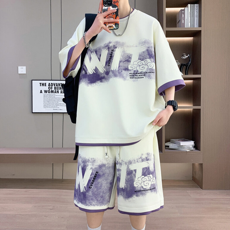 专柜休闲运动套装男夏季2025新款美式宽松印花两件套男装帅气一套