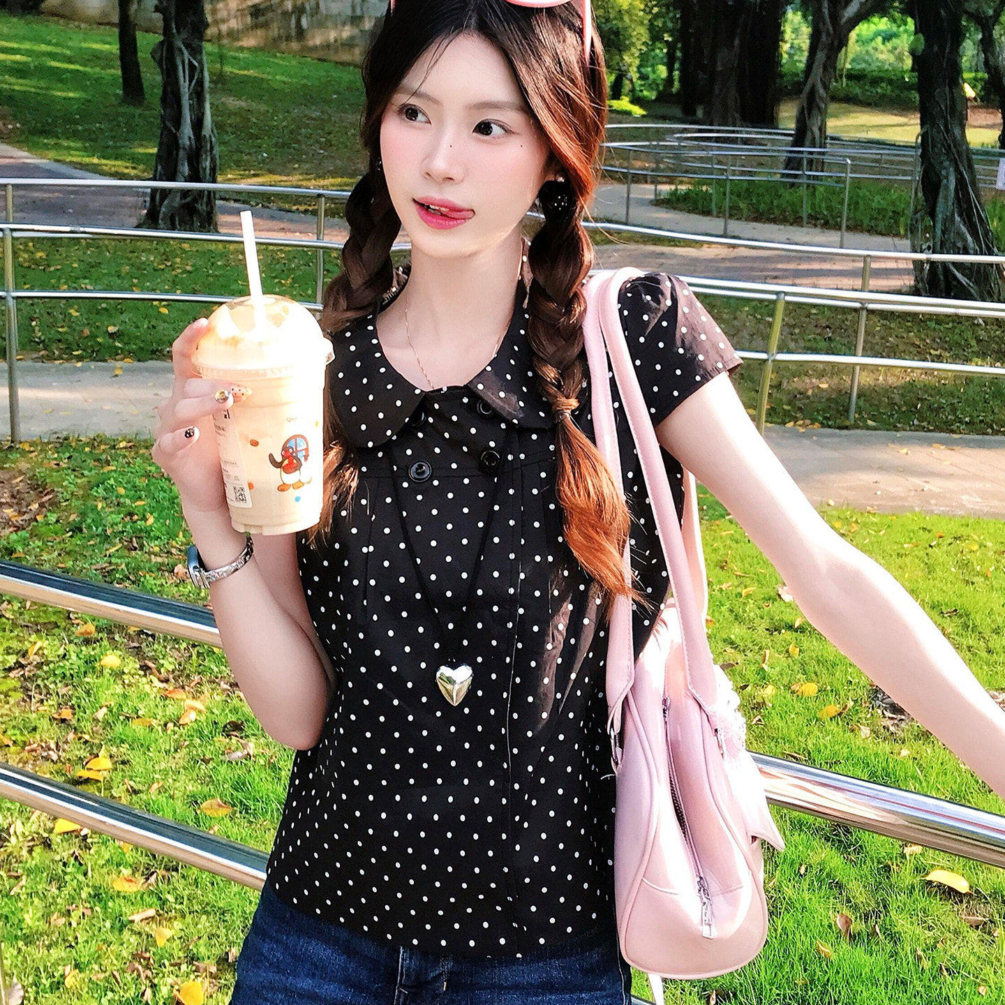 专柜法式复古翻领波点短袖外套女夏季黑色宽松显瘦小个子百搭短款