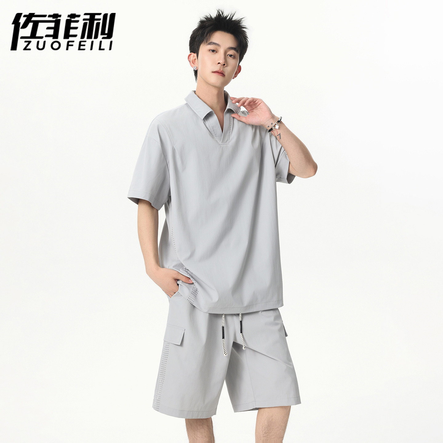 专柜冰丝POLO领套装男夏季宽松痞帅休闲短袖短裤两件套男装一套衣
