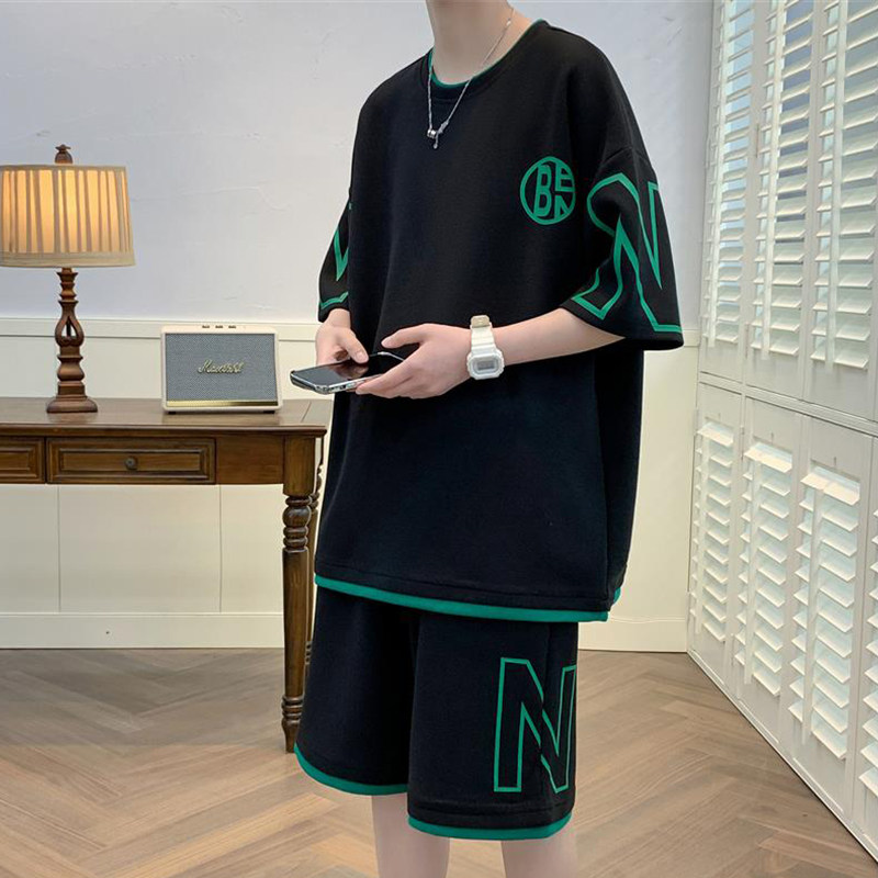 专柜休闲运动套装男夏季字母印花短袖t恤男青少年港风半袖短裤两