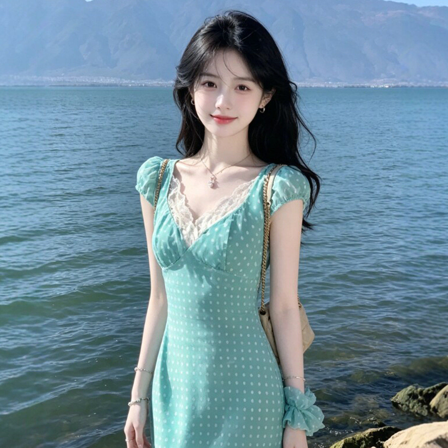 专柜法式温柔风巨好看的V领波点收腰修身长裙大方得体绝美连衣裙2
