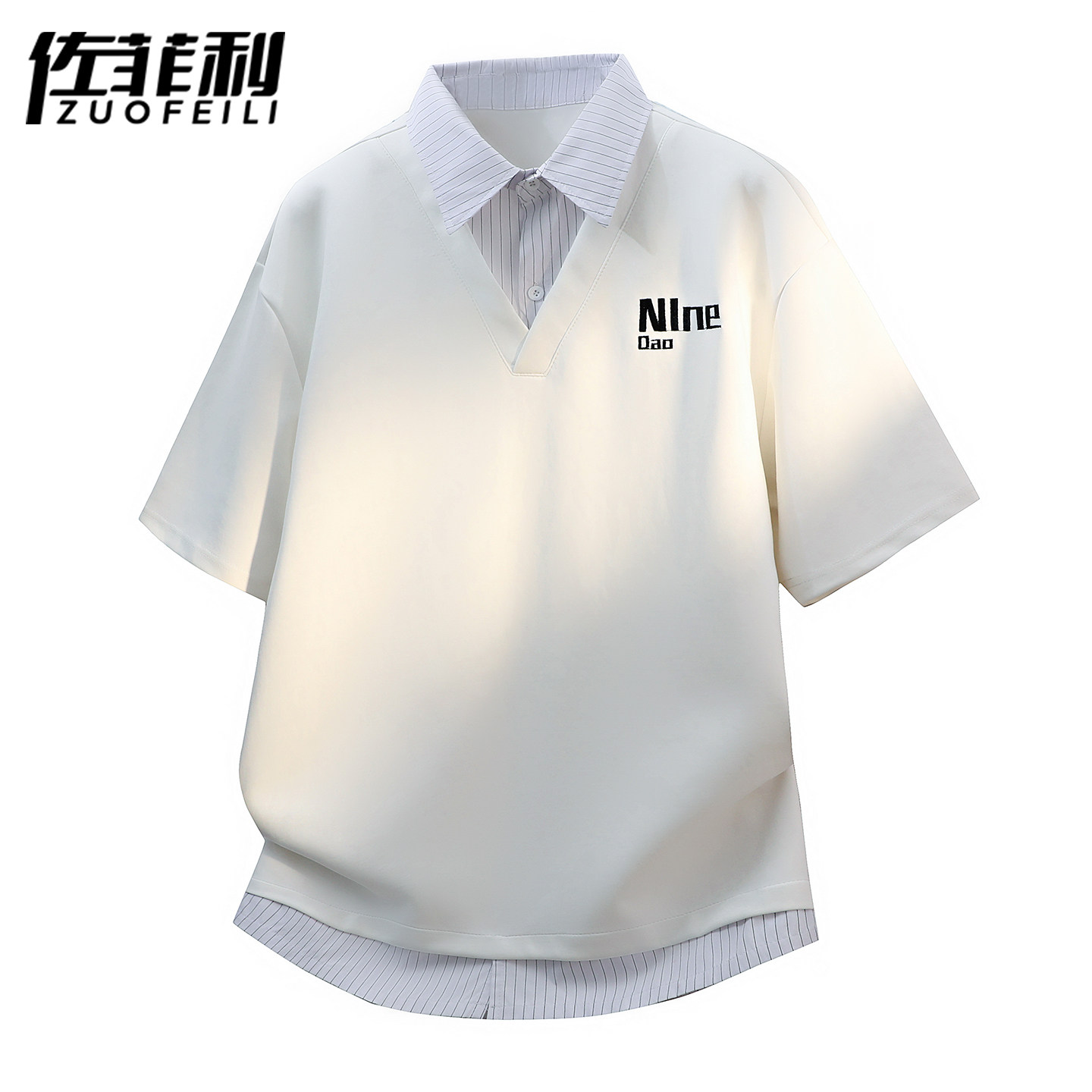 专柜假两件廓形t恤男夏季新款衬衫领学院风短袖男宽松字母刺绣Pol