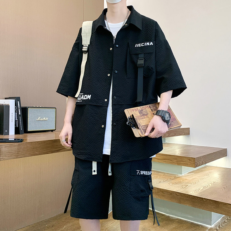 专柜短袖衬衫男套装夏季冰丝凉感工装半袖男衬衣青少年休闲宽松两
