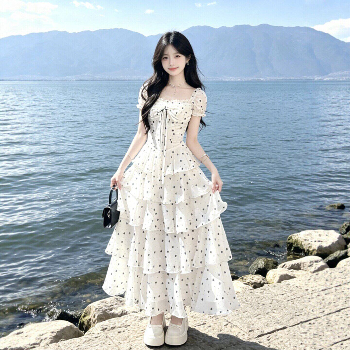 专柜法式温柔风甜美波点收腰蓬蓬蛋糕长裙26夏季今年流行的漂亮连