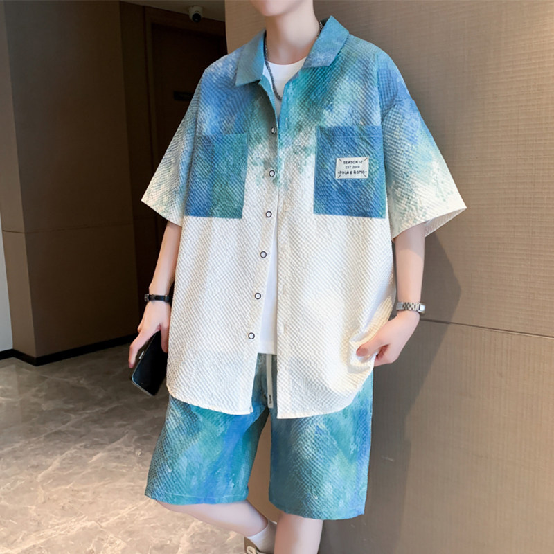 专柜短袖短裤套装男夏季休闲工装衬衫男半袖宽松帅气青少年一整套