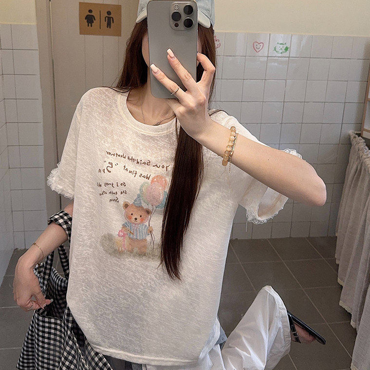 专柜小熊印花短袖T恤女夏宽松慵懒风减龄上衣白色圆领套头衫