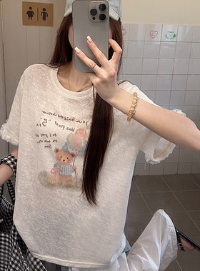 专柜小熊印花短袖T恤女夏宽松慵懒风减龄上衣白色圆领套头衫