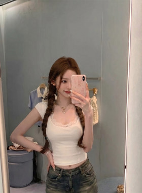 专柜纯欲风白色u领短袖t恤女夏季蕾丝边修身显瘦辣妹短款上衣