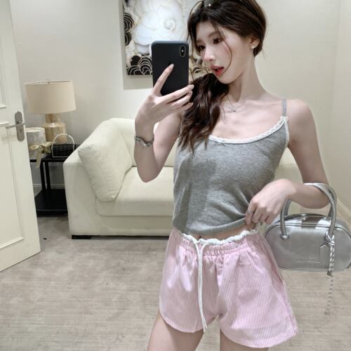 专柜美式辣妹条纹短裤女夏季运动风系带松紧腰阔腿休闲a字热裤子