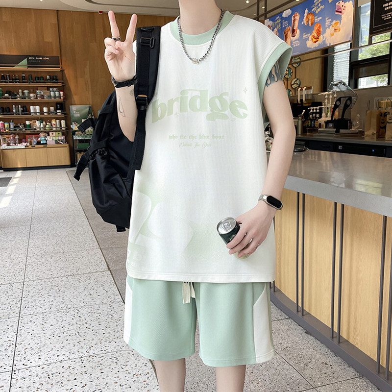 专柜冰丝休闲运动套装男士夏季薄款透气无袖t恤篮球服背心短裤两