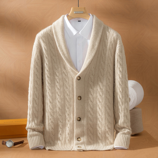 扭花开衫男100%纯山羊绒衫2025新款秋冬针织羊毛衫加厚青果领外套