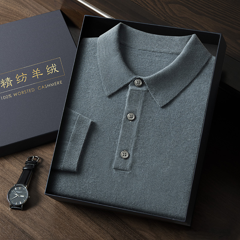 统悦精纺100%纯羊绒衫男Polo领