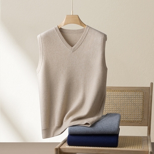 100%纯山羊绒衫马甲背心男秋冬季新款针织打底衫V领加厚无袖毛衣