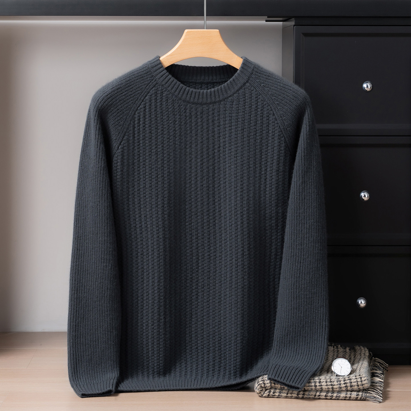 圆领加厚100%纯山羊绒衫男秋冬季针织打底插肩袖扭花套头保暖毛衣
