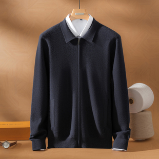 统悦POLO领精纺100%纯羊绒衫男秋冬季高端加厚纯羊绒开衫爸爸外套