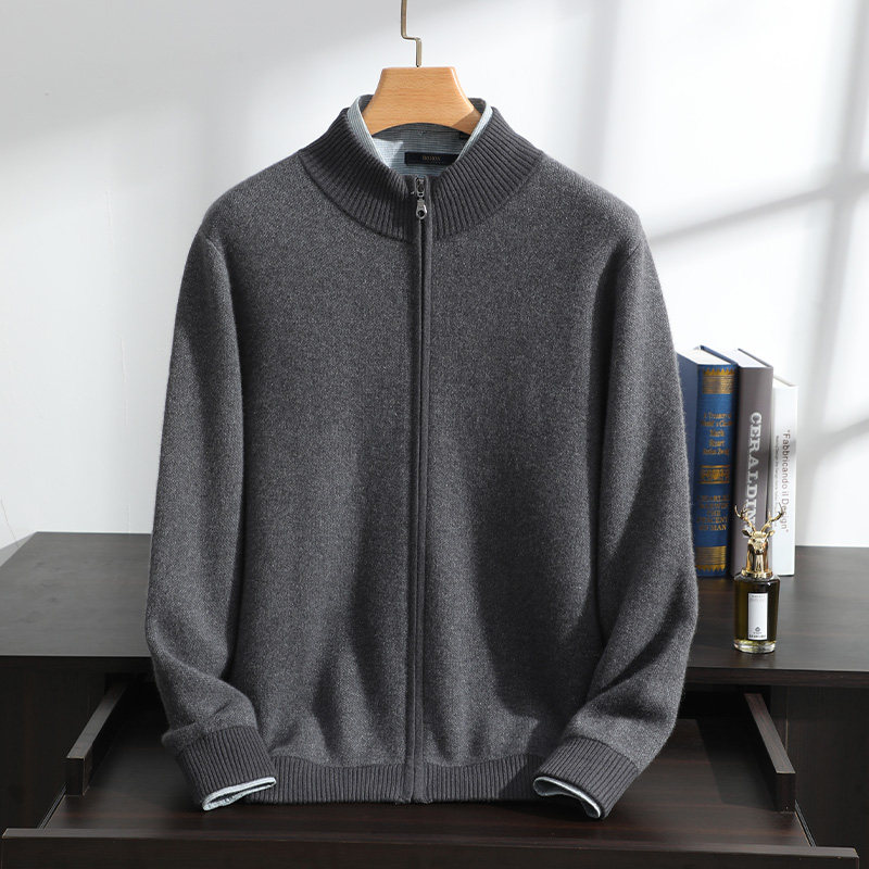 四平加厚半高领开衫100纯羊绒衫男秋冬针织立领宽松拉链毛衣外套