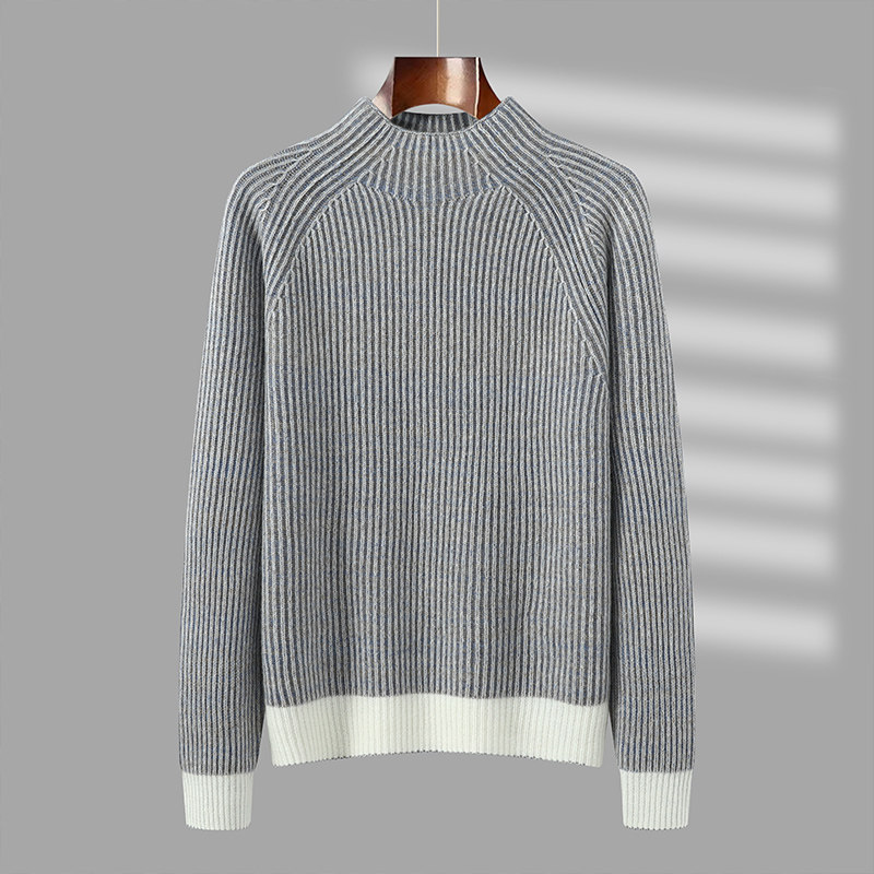 统悦半高领加厚条纹男士羊绒羊毛衫冬季保暖特厚中领插肩袖毛衣男