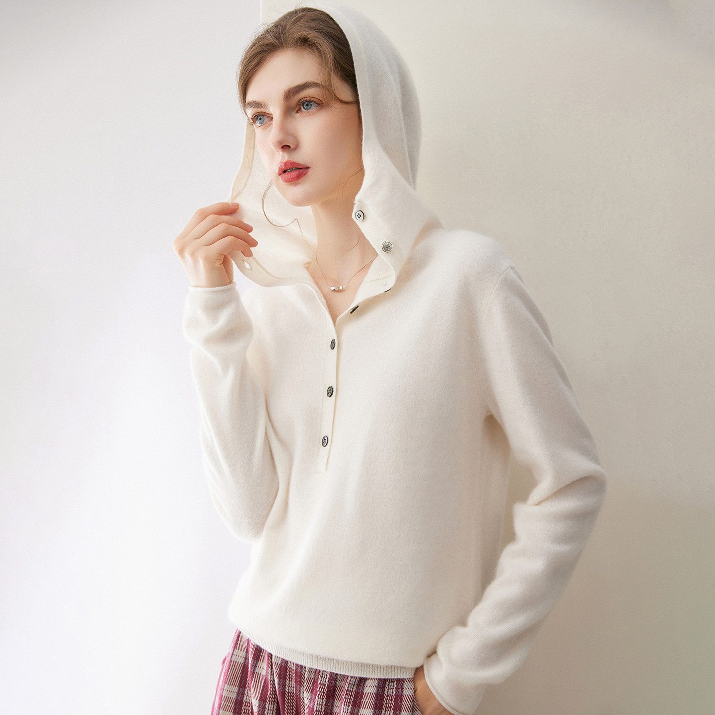 半开扣帽衫女100%纯山羊绒衫秋冬针织衫高端宽松慵懒风连帽毛衣女