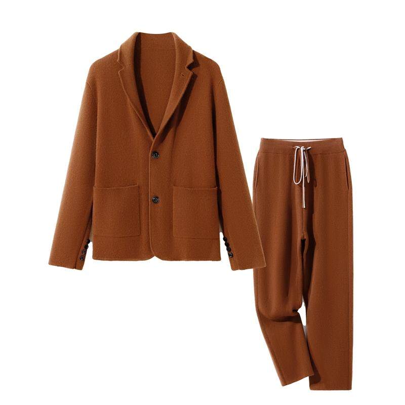 男士100%纯山羊绒衫羊绒裤时尚套装秋冬加厚小脚裤开衫西装领外套