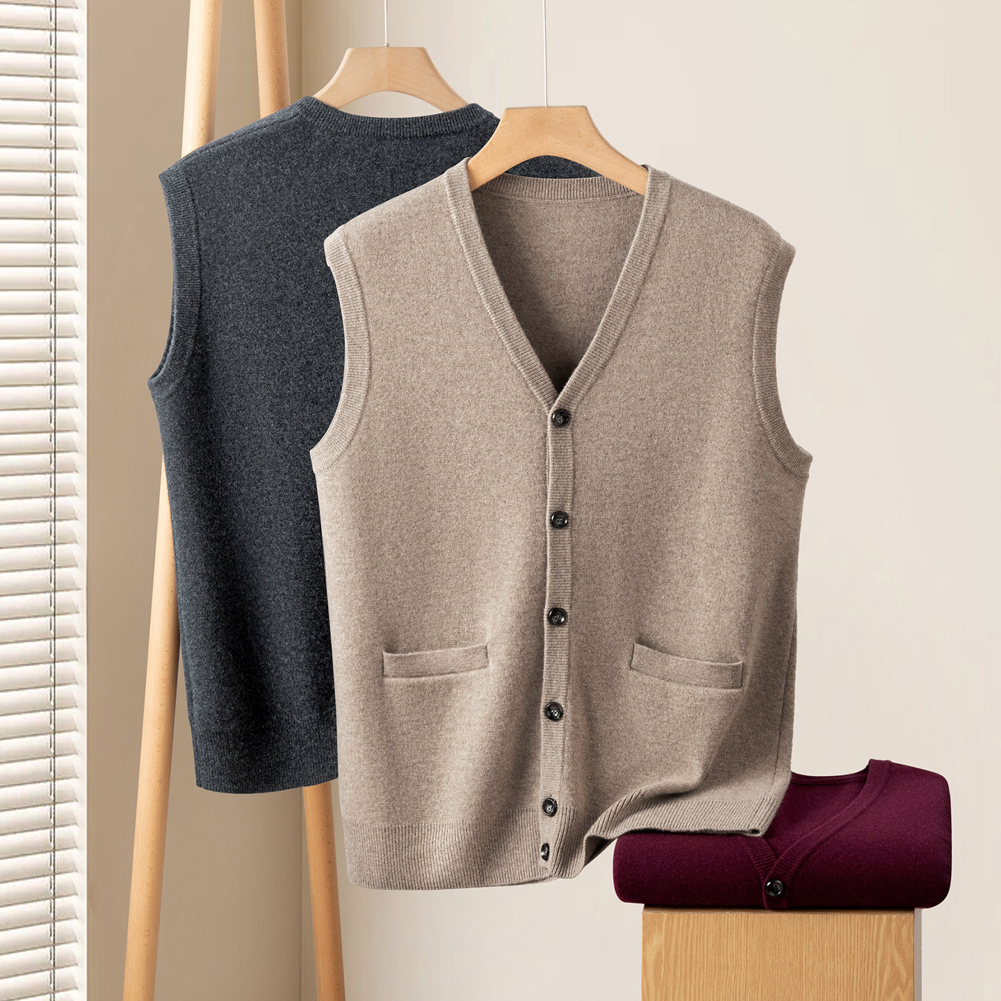 加厚V领马甲背心男100%纯山羊绒衫秋冬季针织衫无袖带兜毛衣开衫