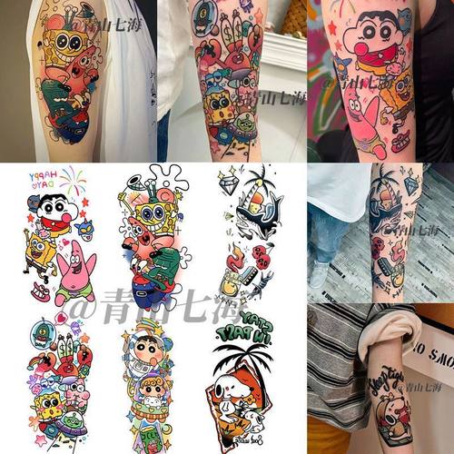 新款纹身贴海绵宝宝系列纹身拼接花臂彩色纹身贴纸持久火漆蜡粒