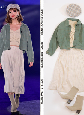 2021春季藤田妮可同款日本TGC走秀东京女孩灰绿色牛仔棒球夹克