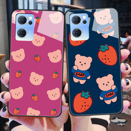 opporeno7手机壳reno7pro玻璃保护5G硅胶套0pp0全包防摔por软边硬壳opopreno75g可爱男女情侣opporeon7草莓熊