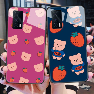 vivoiqooneo5手机壳iqooneo55g玻璃保护硅胶套V2055A可爱草莓熊vlv0全包防摔5G软边硬壳iqoonoe男女iq00neo新