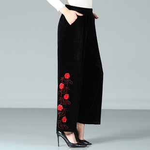25春秋新品金丝绒妈妈宽松高腰松紧大码阔腿女绣花长裤子直筒潮流