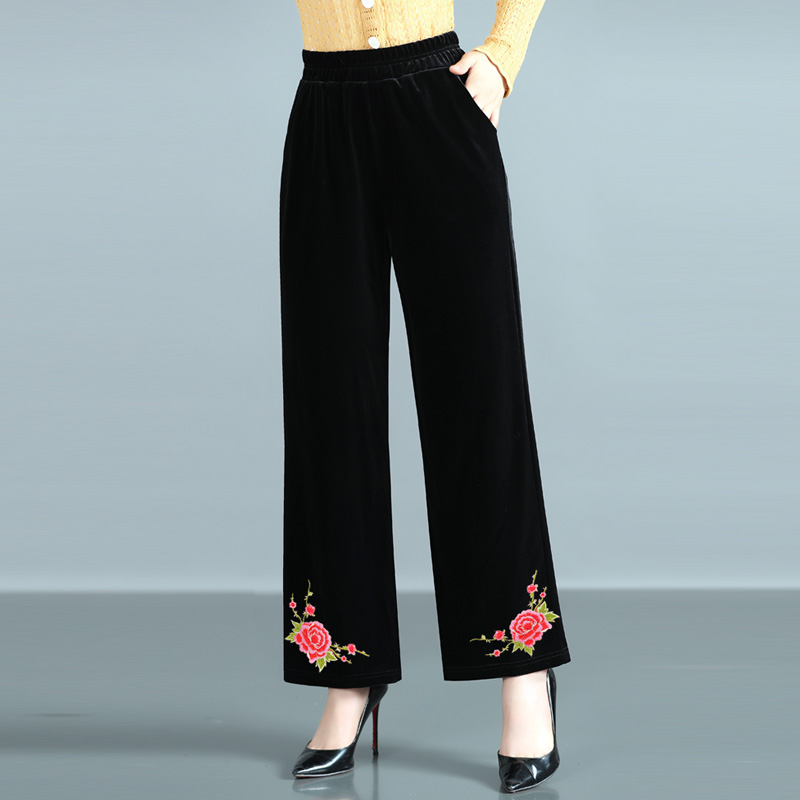 21秋冬洋气金丝绒高腰直筒绣花