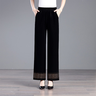2025春秋新品中年妈妈时尚女烫钻金丝绒阔腿直筒长裤子松紧高腰
