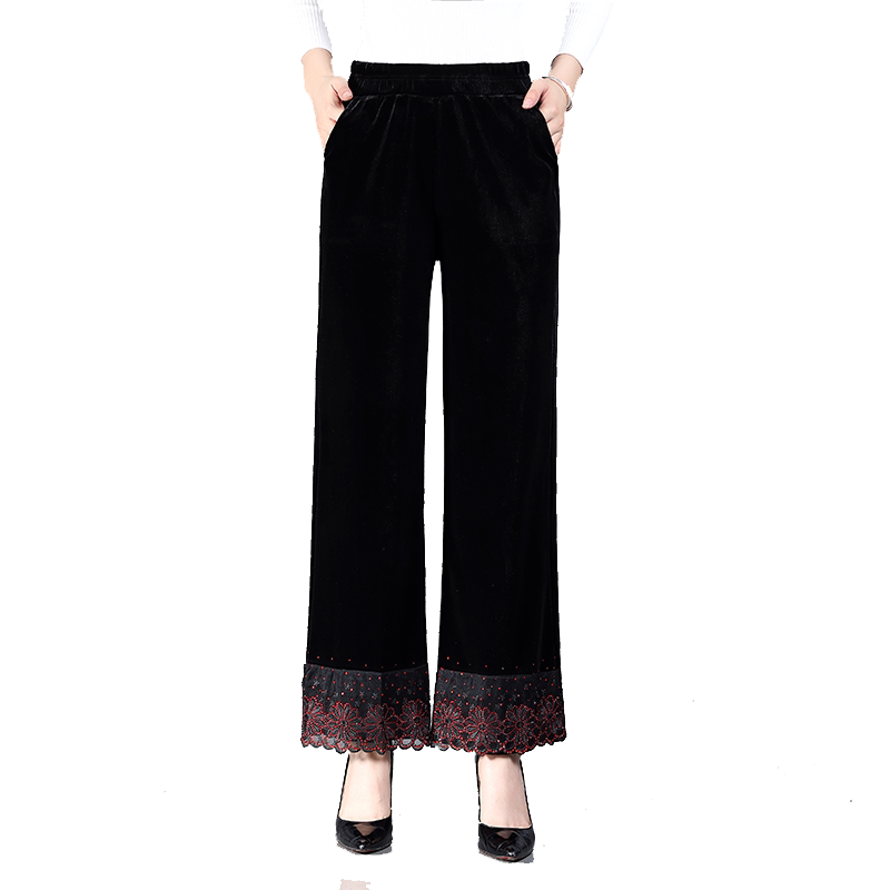 金丝绒大码蕾丝烫钻妈妈阔腿裤