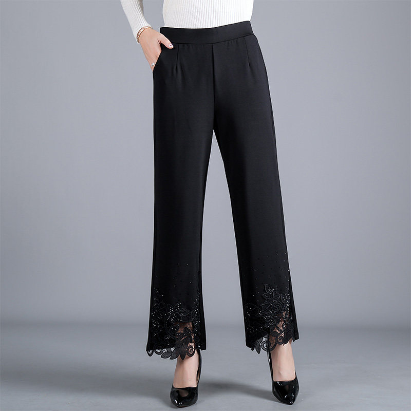 2025春秋新品中年妈妈精品洋气树叶钻花边直筒高腰大码女装长裤子