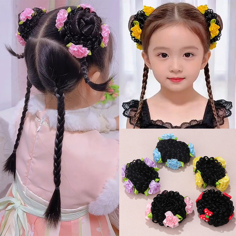 女童夏季饱满双丸子头卡通花朵康乃馨假发圈甜美哪吒发型编发头饰