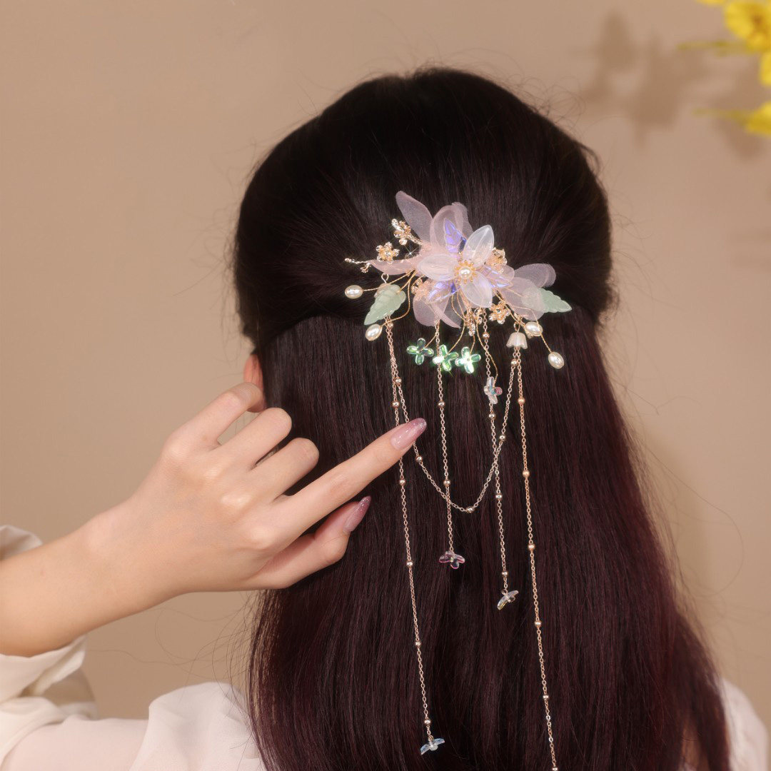 秋款铜合金亚克力花朵薄纱衬玉流苏古兰花发夹复古鸭嘴边夹子发饰