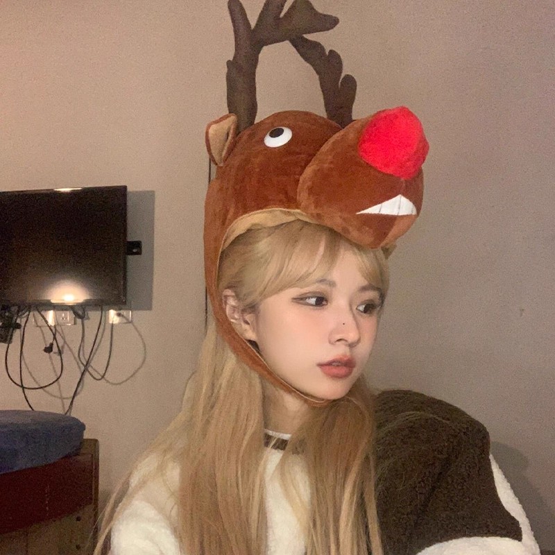 卡通搞怪圣诞节麋鹿驯鹿头套帽子女网红卖萌ins头饰跨年拍照道具