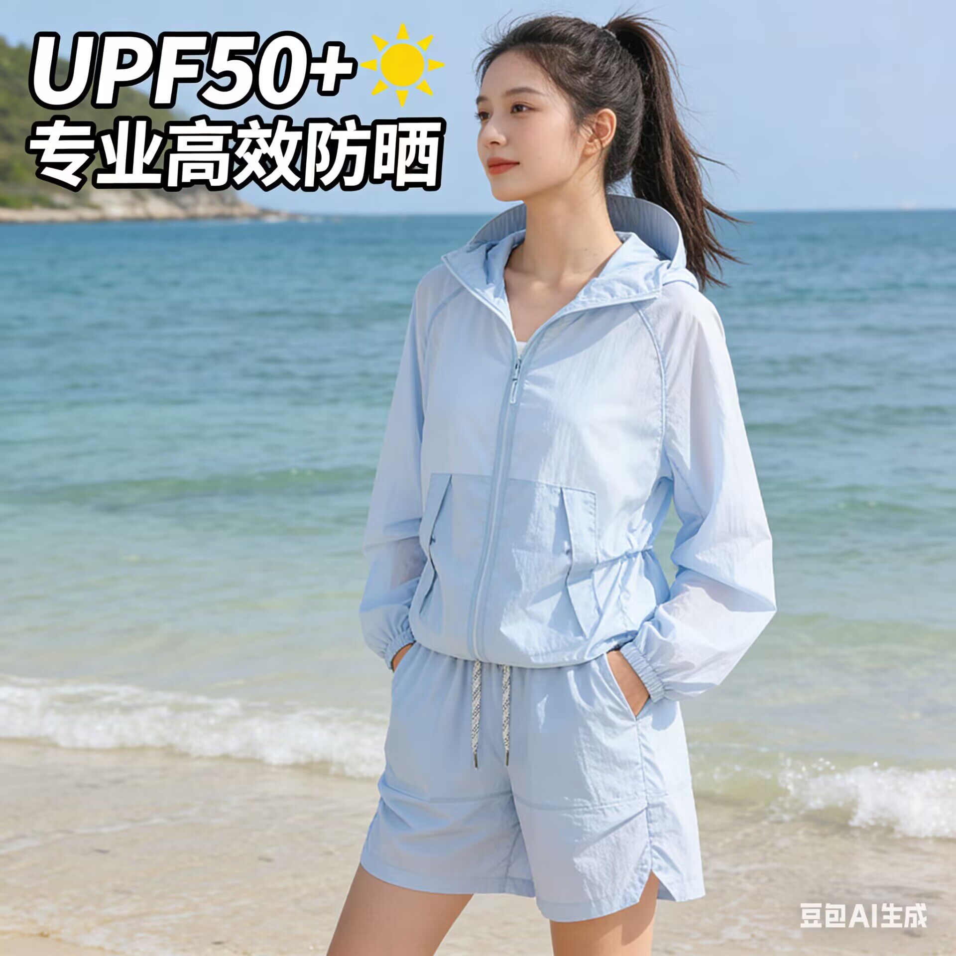 长袖户外UPF50+轻薄防晒衣女夏连帽拉链运动休闲短外套蓝色女套装