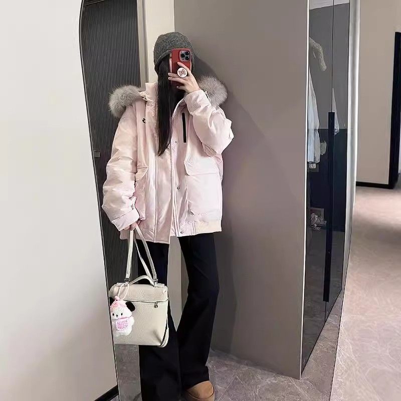 粉色毛领棉服女2025年冬季新款加厚设计感宽松工装派克服棉袄外套