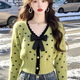 流行高级感韩系独特漂亮绿色波点毛茸茸打底毛衣 爆款 已出货 冬季