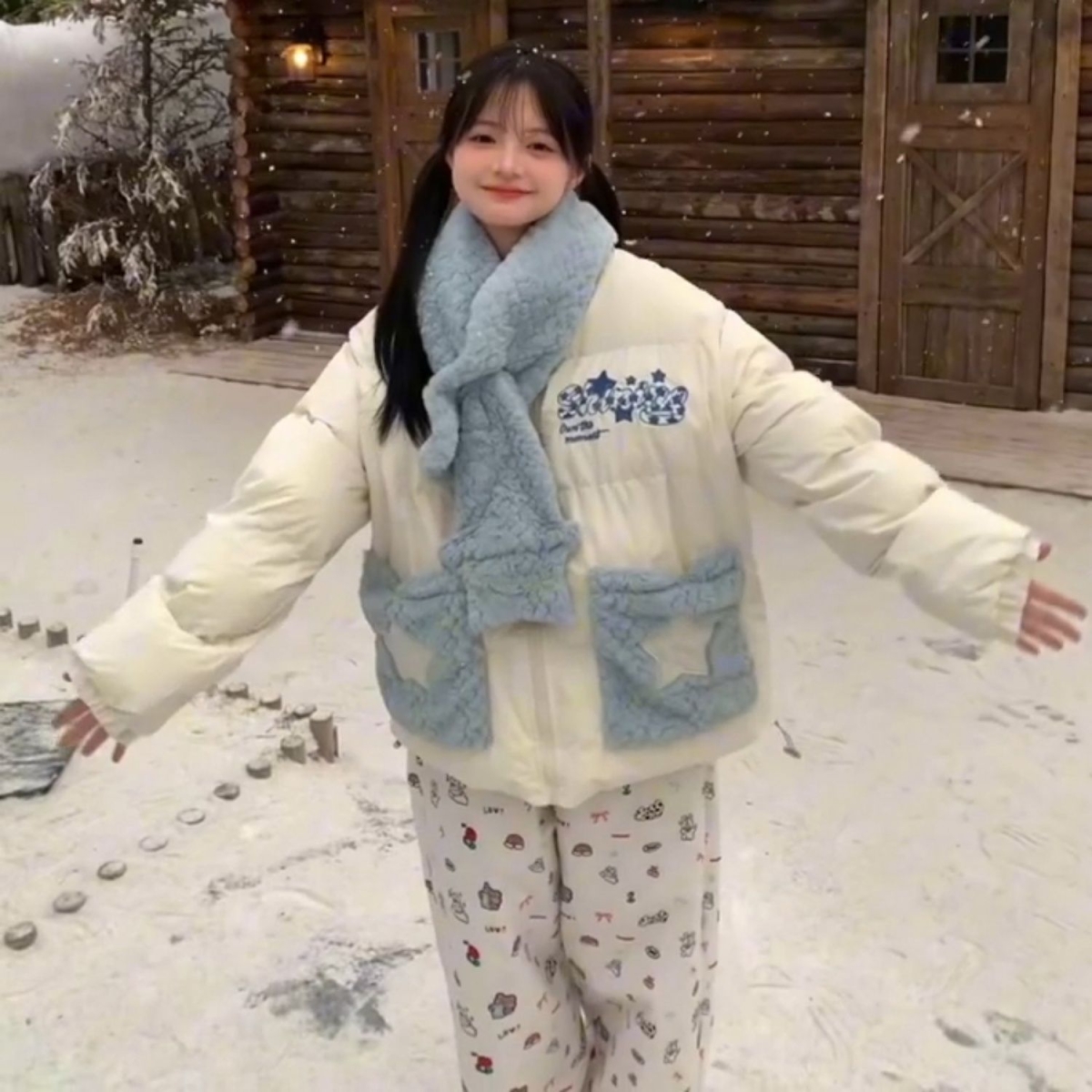 甜美休闲居家风兔绒毛拼色围巾棉服外套冬季星星口袋加厚保暖棉衣