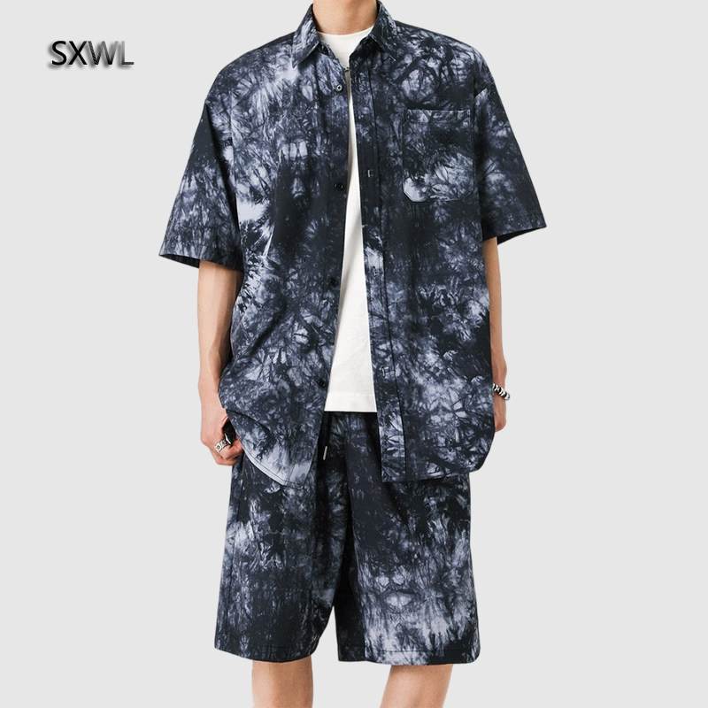 SXWL男士美式潮牌短袖衬衫男夏季扎染五分袖半袖衬衣上衣2025男装